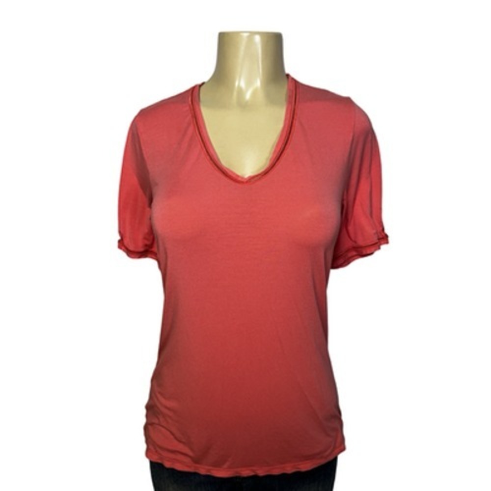 Frette Shirt Womens XL Orange Modal Cotton Silk V Neck Short Sleeve Tee Italy